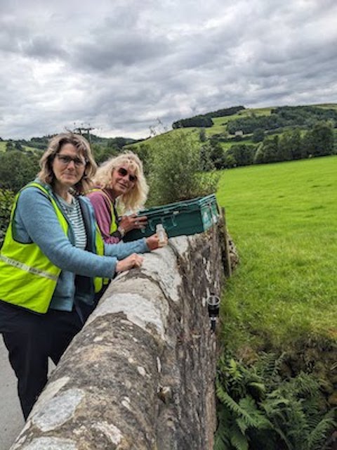 Ramsgill Lui beck, Ramsgill Lui beck. Volunteers Rachel and Karen sample from this small beck (one of three sampling points in this tiny village). Foam observed in a quiet section.