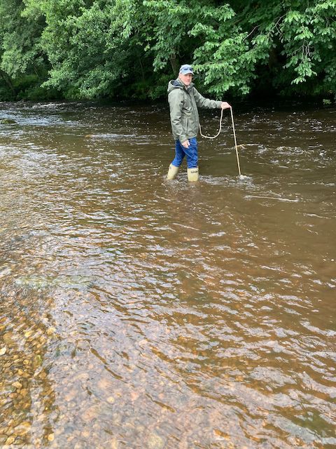 Duffers Pool at Darley. Below Summerbridge and downstream from Dacre Banks CSO and immediately below Darley beckTeam 4’s Adrian samples by wading into the river from this stony ‘beach’