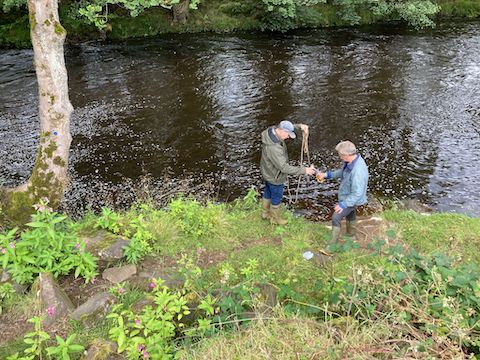 Darby’s Pool, below station road, Darley (Darby was a famous former secretary of Harrogate Flyfishers’ Club). Volunteers Adrian and Peter sample from the bank of the Nidd