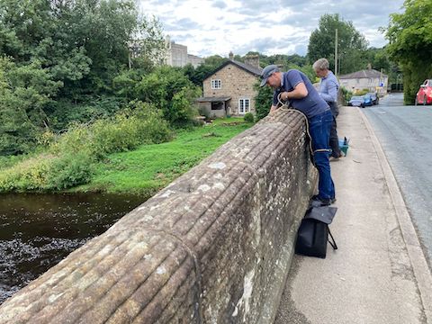 Birstwith Bridge. Adrian and Peter sample downstream from the road bridge