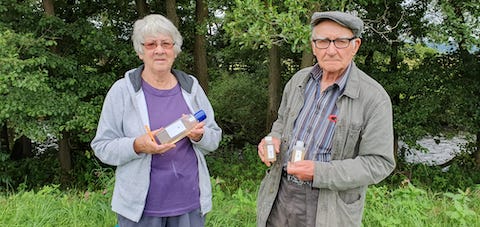 Cragg Hall Farm -Downstream. Maggie and Chris show the samples obtained below the sewage farm